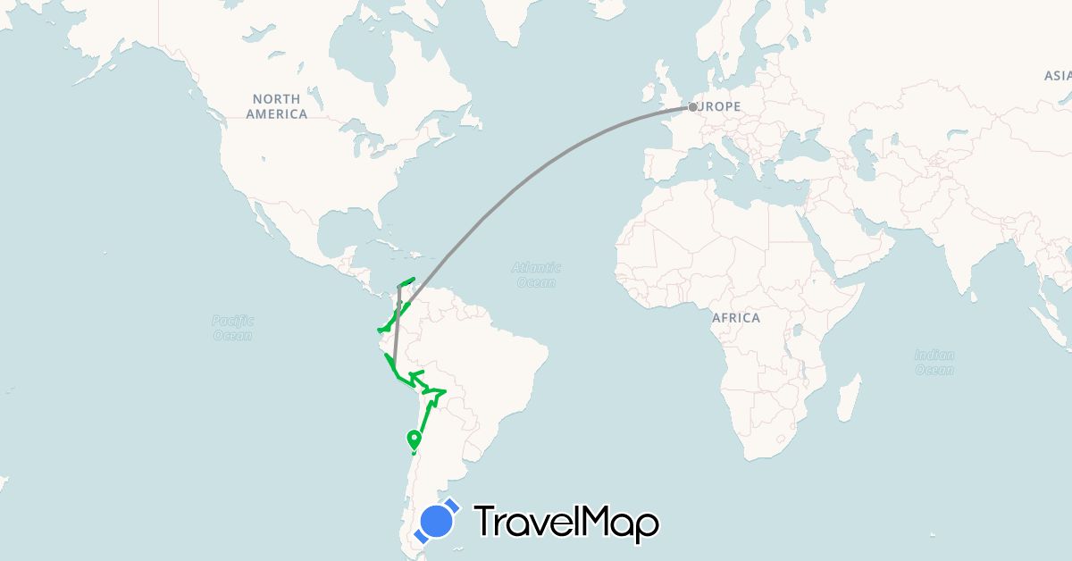 TravelMap itinerary: driving, bus, plane, boat in Belgium, Bolivia, Chile, Colombia, Ecuador, Peru (Europe, South America)
